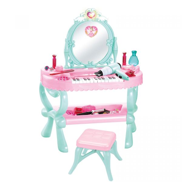 Kids Dressing Table Piano 2IN1 Vanity Set Pretend Makeup Desk Dresser Toy Chair Mirror Music Light 