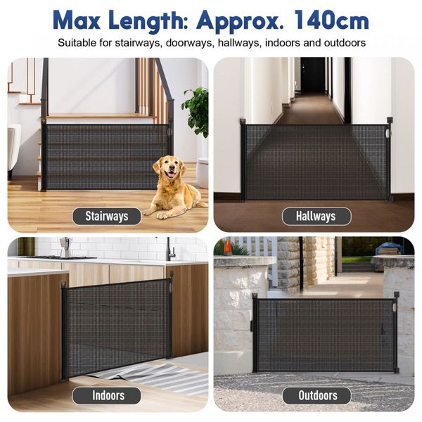 Pet Dog Safety Gate Enclosure Retractable Mesh Kid Security Barrier Safe Fence Guard For Stair Black