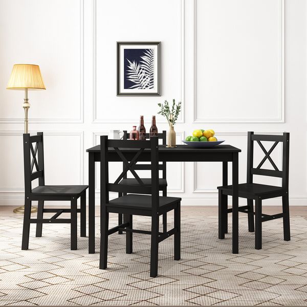 Black Dining Table And Chairs Set of 4 Kitchen Solid Pine Wood Furniture Square 108x65x73cm