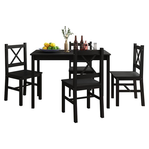 Black Dining Table And Chairs Set of 4 Kitchen Solid Pine Wood Furniture Square 108x65x73cm