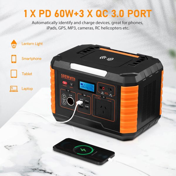 Portable Power Station Solar Generator Wireless Camping Lithium Battery Rated 500W 649Wh PD60W LED DC AC USB Port for Outdoor Travel