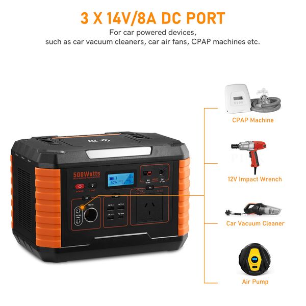 Portable Power Station Solar Generator Wireless Camping Lithium Battery Rated 500W 649Wh PD60W LED DC AC USB Port for Outdoor Travel