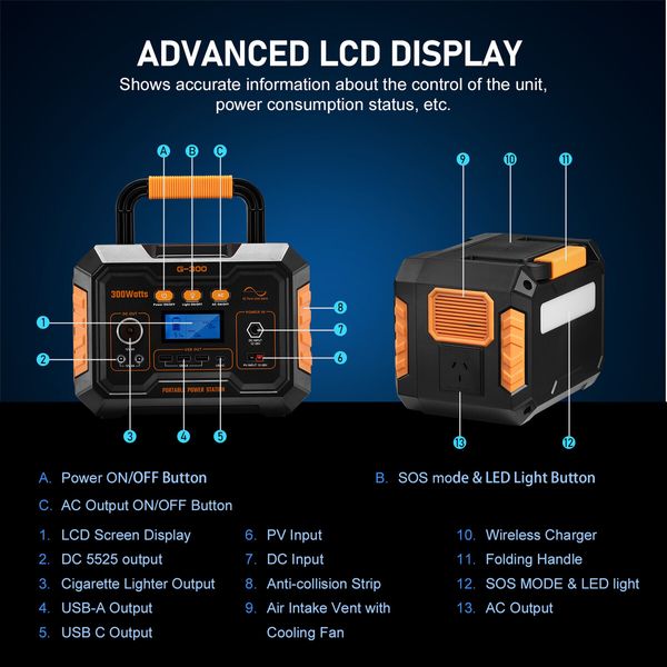 Power Station Solar Portable Generator Camping Wireless Rated 300W 370Wh PD60W LED Lithium Battery for Outdoor Travel Picnic Party