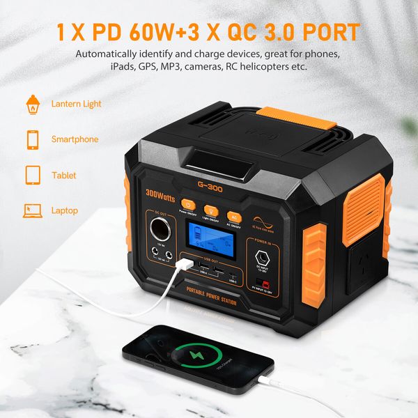 Power Station Solar Portable Generator Camping Wireless Rated 300W 370Wh PD60W LED Lithium Battery for Outdoor Travel Picnic Party