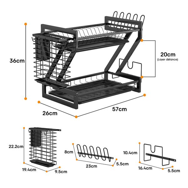 Dish Drying Rack 2 Tier Kitchen Organizer Plate Drainer Cutlery Holder Storage Shelf For Cup Utensil Chopping Board With Drainboard