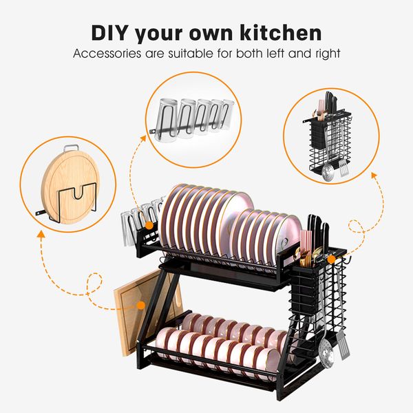 Dish Drying Rack 2 Tier Kitchen Organizer Plate Drainer Cutlery Holder Storage Shelf For Cup Utensil Chopping Board With Drainboard