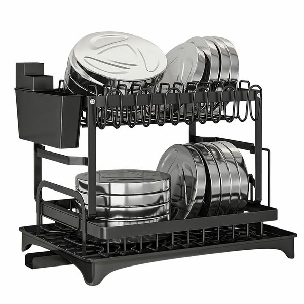 Dish Drying Rack 2 Tier Plate Drainer Cutlery Holder Kitchen Organizer Storage Shelf For Utensil Chopping Board Cup Auto Drainage