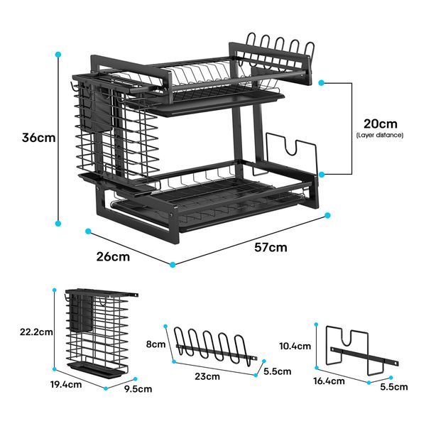 Dish Drying Rack Drainer 2 Tier Cutlery Utensil Holder Kitchen Organizer Plate Storage Shelf For Cup Chopping Board With Drainboard