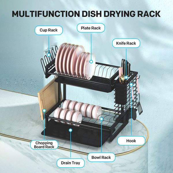 Dish Drying Rack Drainer 2 Tier Cutlery Utensil Holder Kitchen Organizer Plate Storage Shelf For Cup Chopping Board With Drainboard