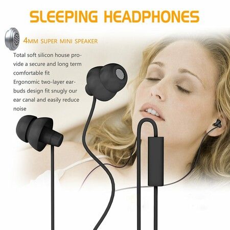 Soft Silicon Sleeping Headphones Mini Earplugs Earbuds with Mic for Cellphones,Tablets and 3.5 mm Jack Plug (Black)