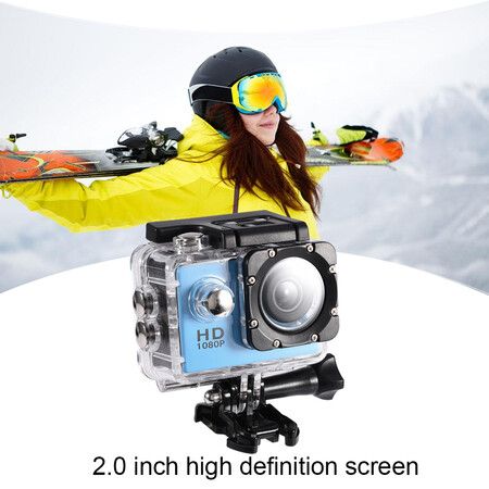 Sports Camera 1080P 12MP  Full HD 2.0 Inch Sports Camera 30m/98ft Underwater Waterproof Camera with Installation Accessory Kit Color Blue