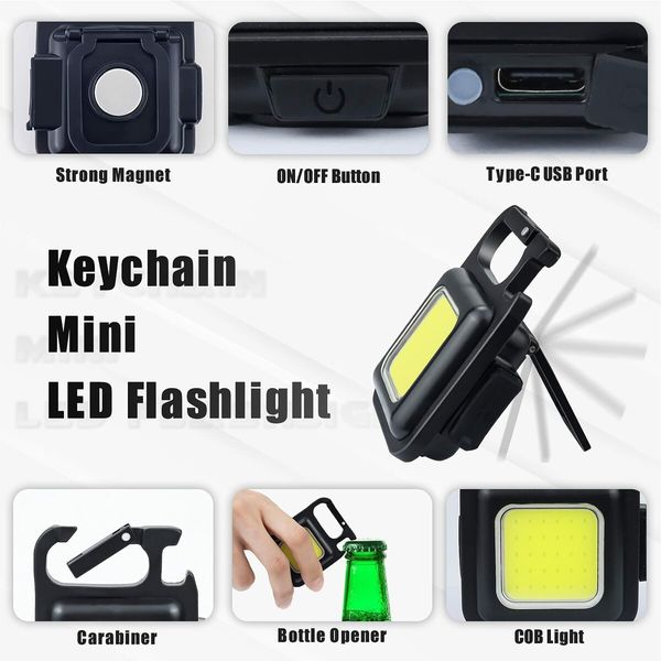 Mini LED COB Flashlight, 800 Lumens COB Keychain Rechargeable Mini LED Keychain Flashlight with 4 Modes Waterproof Light for Daily Use, Auto Repairing