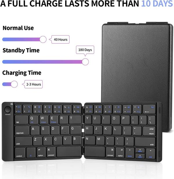 Foldable Bluetooth Keyboard - Portable Wireless Keyboard with Stand Holder, Rechargeable Full Size Ultra Slim Folding Keyboard Compatible IOS Android Windows Smartphone Tablet and Laptop-Black