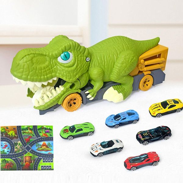 10 Pcs Kids Dino Truck,Dinosaur Excavator Engineering Vehicle Model Toy 1 Dinosaur Truck And 6 Alloy Car