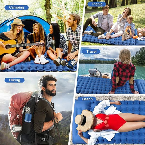 Camping Mattress with Foot Pump, Upgraded Thickness 10cm/4" Self-Inflating Sleeping Pad, Hiking Mattress with Pillow, Ultra Light Air Mattress for Camping, Tent, Hiking (Blue)