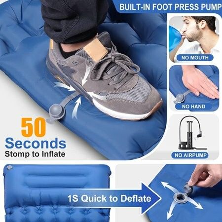 Camping Mattress with Foot Pump, Upgraded Thickness 10cm/4" Self-Inflating Sleeping Pad, Hiking Mattress with Pillow, Ultra Light Air Mattress for Camping, Tent, Hiking (Blue)