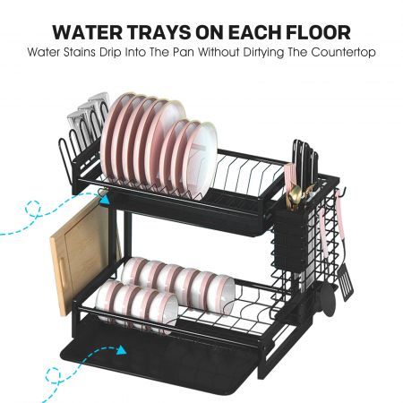 Dish Drying Rack Drainer 2 Tier Cutlery Utensil Holder Kitchen Organizer Plate Storage Shelf For Cup Chopping Board With Drainboard