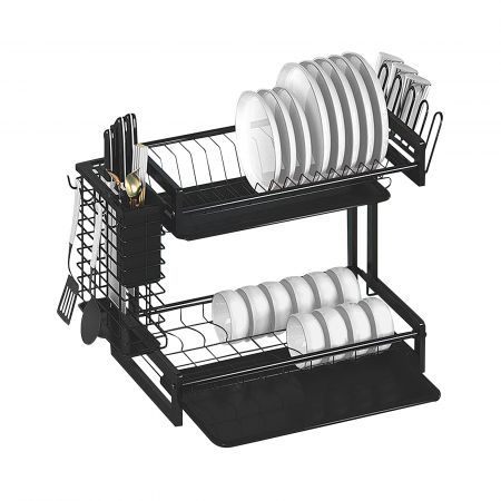 Dish Drying Rack Drainer 2 Tier Cutlery Utensil Holder Kitchen Organizer Plate Storage Shelf For Cup Chopping Board With Drainboard