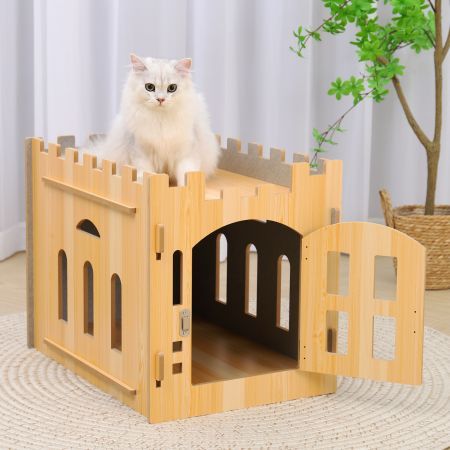 Cat House Rabbit Hutch Pet Scratcher Indoor Bunny Cage Kitten Castle Condo Cave Guinea Pig MDF Collapsible with Lockable Door