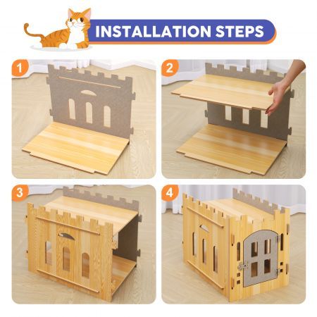 Cat House Rabbit Hutch Pet Scratcher Indoor Bunny Cage Kitten Castle Condo Cave Guinea Pig MDF Collapsible with Lockable Door