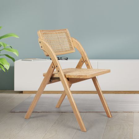 Levede Foldable Single Deck Chair Solid Wood Rubberwood Rattan Lounge Seat