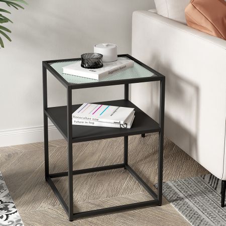 Levede 2-Tier Side Table Open Design Steel Home Shelf Safety Glass End Table