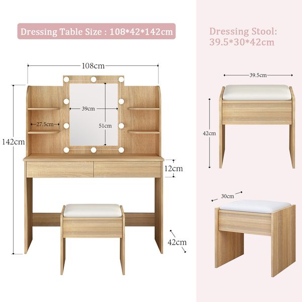 Dressing Table Makeup Mirrored Lighting Vanity Dresser Set Bedroom with Stool Drawers Oak