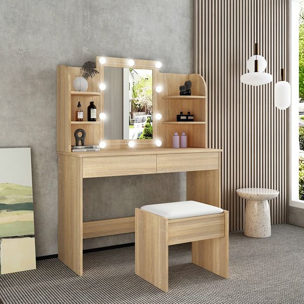 Dressing Table Makeup Mirrored Lighting Vanity Dresser Set Bedroom with Stool Drawers Oak