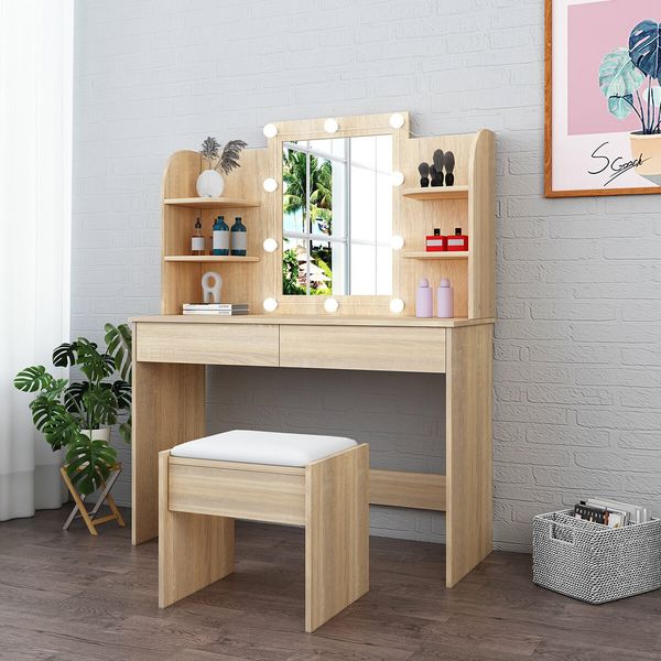 Dressing Table Makeup Mirrored Lighting Vanity Dresser Set Bedroom with Stool Drawers Oak