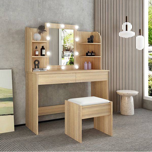 Dressing Table Makeup Mirrored Lighting Vanity Dresser Set Bedroom with Stool Drawers Oak