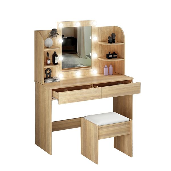 Dressing Table Makeup Mirrored Lighting Vanity Dresser Set Bedroom with Stool Drawers Oak