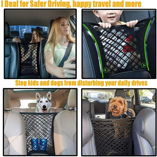 Dog Car Net Barrier with Auto Safety Mesh Organizer Baby Stretchable Storage Bag Universal for Cars, SUVs Car Driving Safely with Children & Pets