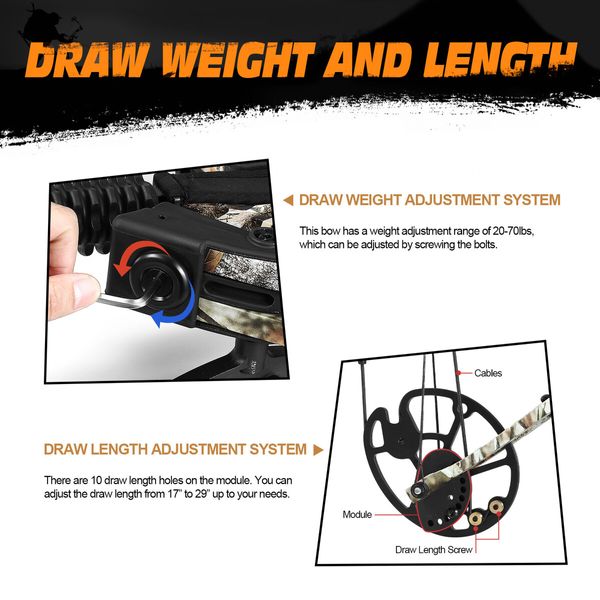 Compound Bow Arrow Set Archery Sports Hunting Target Shooting RH 20-70lbs Adjustable 320fps Speed for Beginner Master Camo