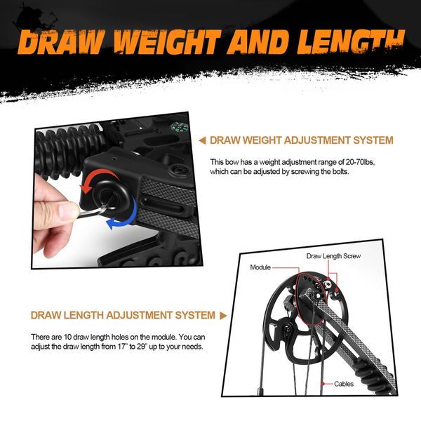 Compound Bow Arrow Set Sports Archery Hunting Target Shooting 20-70lbs Right Handed Adjustable for Beginners Masters Black