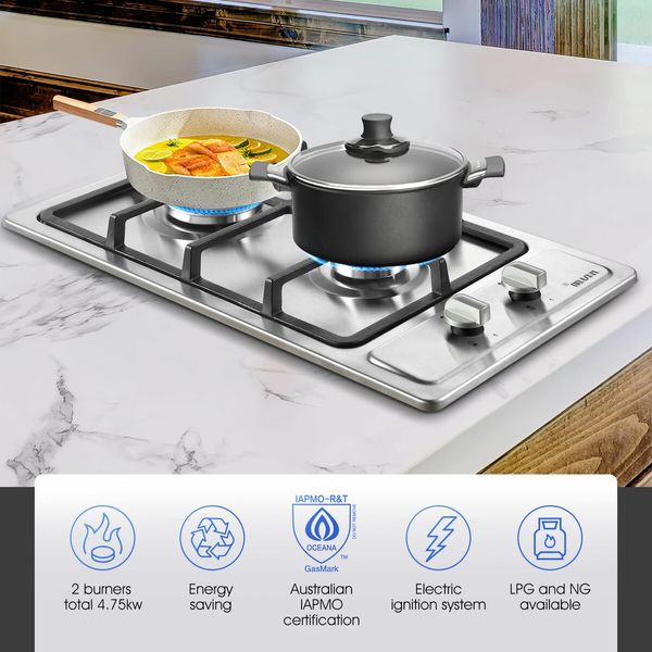 Gas Cooktop 2 Burner Stove Hob Cooker Top Knobs 30cm NG LPG Stainless Steel Surface Silver Maxkon