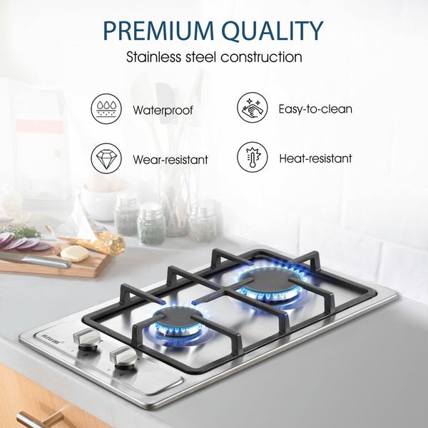 Gas Cooktop 2 Burner Stove Hob Cooker Top Knobs 30cm NG LPG Stainless Steel Surface Silver Maxkon