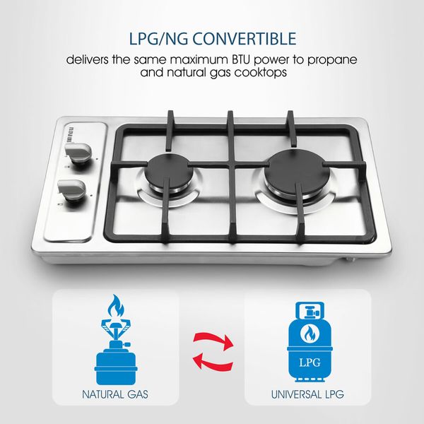 Gas Cooktop 2 Burner Stove Hob Cooker Top Knobs 30cm NG LPG Stainless Steel Surface Silver Maxkon