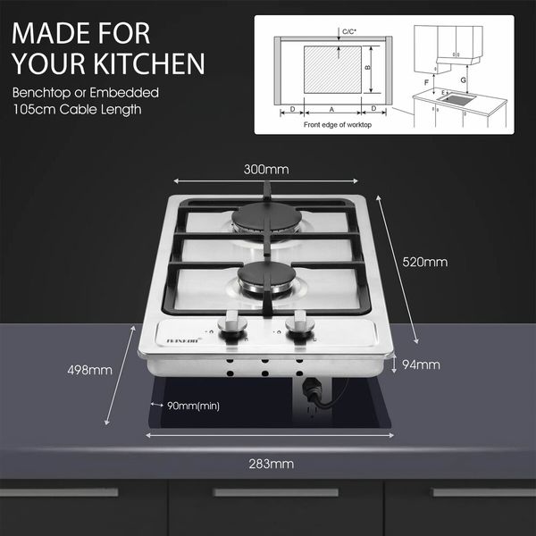 Gas Cooktop 2 Burner Stove Hob Cooker Top Knobs 30cm NG LPG Stainless Steel Surface Silver Maxkon