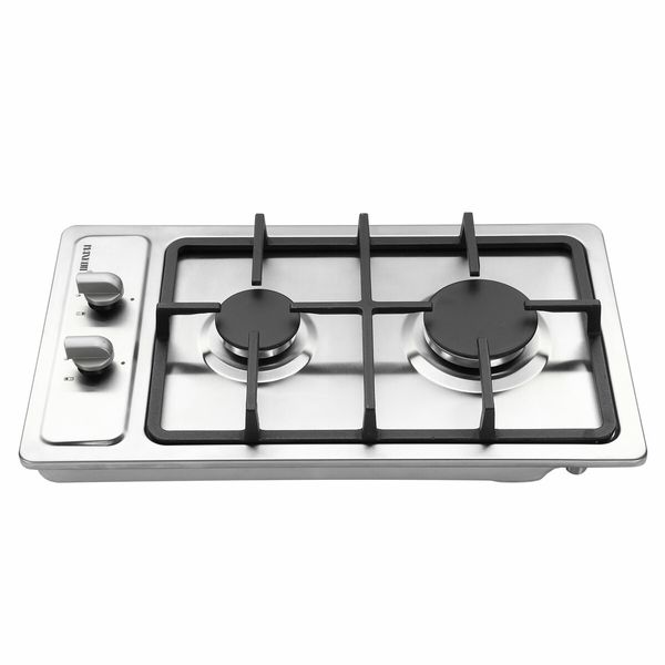 Gas Cooktop 2 Burner Stove Hob Cooker Top Knobs 30cm NG LPG Stainless Steel Surface Silver Maxkon