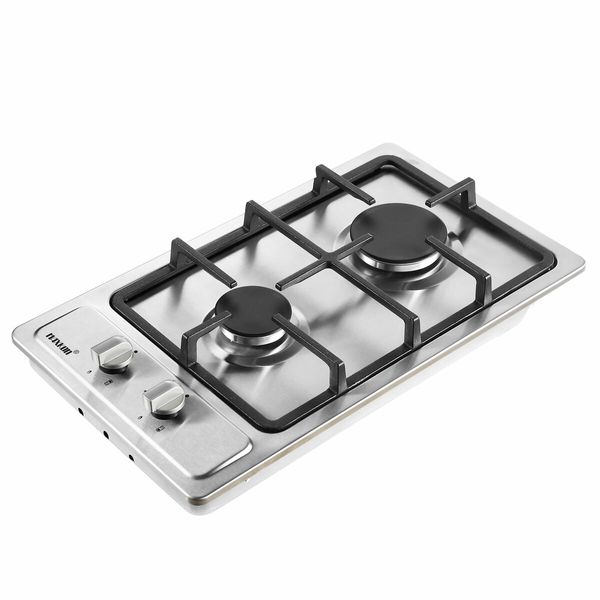 Gas Cooktop 2 Burner Stove Hob Cooker Top Knobs 30cm NG LPG Stainless Steel Surface Silver Maxkon