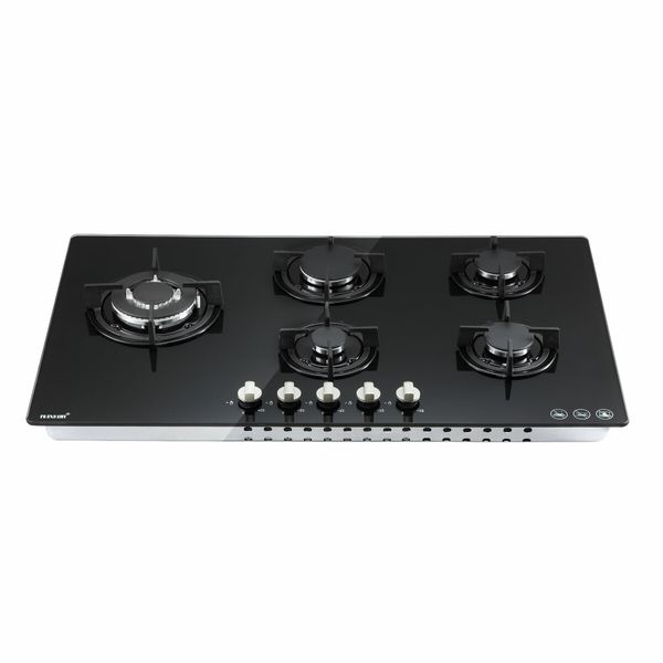 90cm Gas Cooktop 5 Burner Stove Hob Cooker Top Knobs NG LPG Glass Surface Black Maxkon 