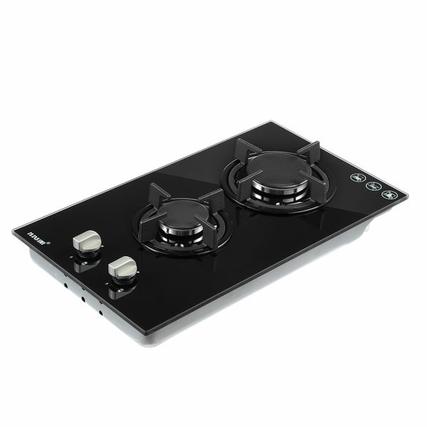 2 Burner Gas Cooktop Cooker Hob Stove Top Knobs 30cm NG LPG Ceramic Glass Surface Black Maxkon