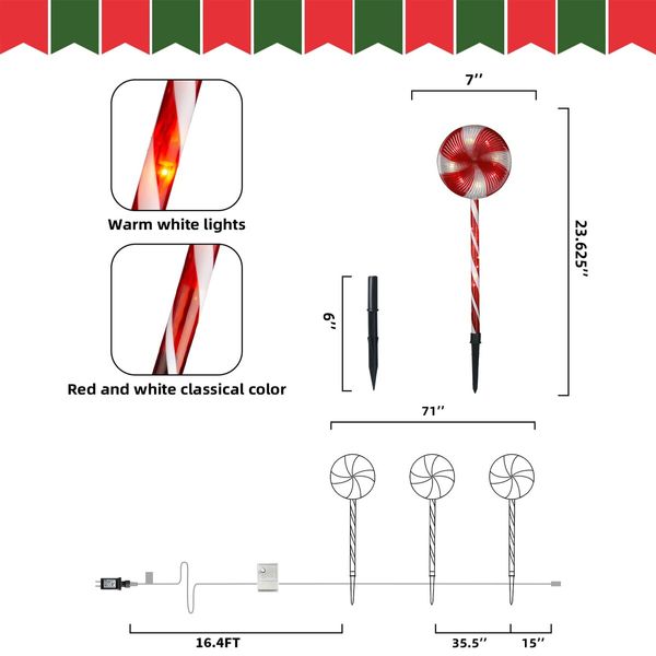 4x Lollipops Solar Power Pathway Light Decorations for Outdoor Yard