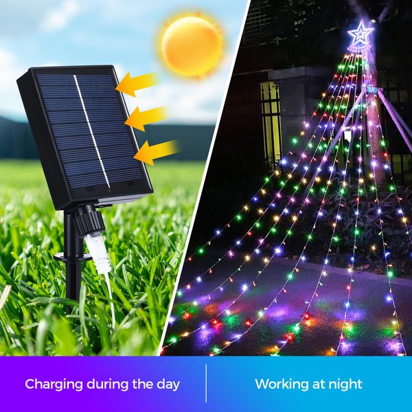 Solar LED String Light Fairy Waterfall Christmas Tree Decoration Ornament Star Topper Hanging Strip Indoor Outdoor 350 LEDs 9 Strands 8 Lighting Modes