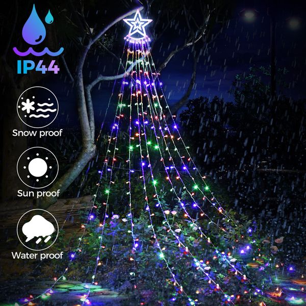 Solar LED String Light Fairy Waterfall Christmas Tree Decoration Ornament Star Topper Hanging Strip Indoor Outdoor 350 LEDs 9 Strands 8 Lighting Modes