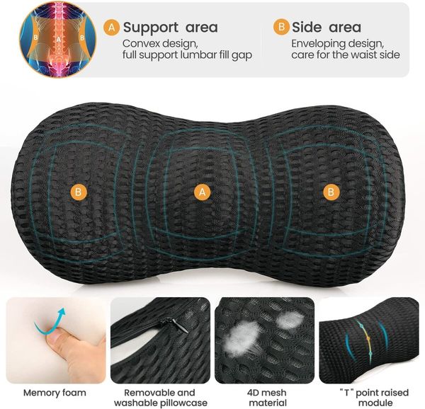 Lumbar Support Pillow,Back Pillow for Office Chair and Car Seat,Memory Foam Back Support Pillow for Lower Back Pain Relief,Adjustable Lumbar Pillow for Sleeping,Rest