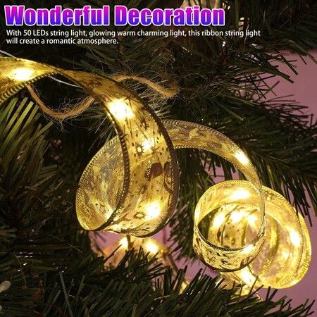 50LED 5M Fairy String Lights Battery Christmas Ribbon Bows Xmas Tree Decor