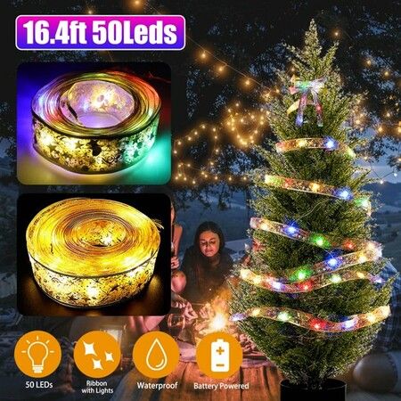 50LED 5M Fairy String Lights Battery Christmas Ribbon Bows Xmas Tree Decor