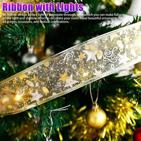 50LED 5M Fairy String Lights Battery Christmas Ribbon Bows Xmas Tree Decor