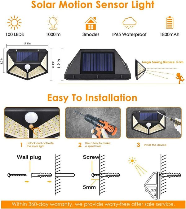 Solar Wall Light 100 LED Wireless Motion Sensor Solar Light for Garden - 2 Pack